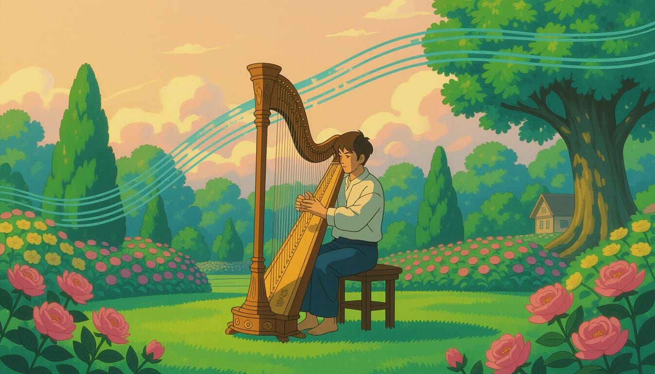 Man Plays Harp in Dream Garden, Ghibli Style
