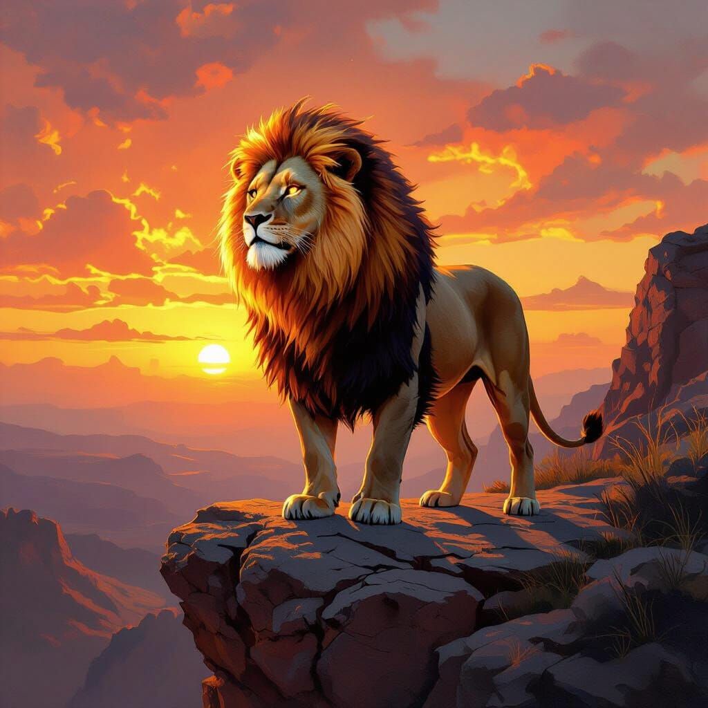 Fiery Lion on Rocky Precipice at Sunset: Oil Painting