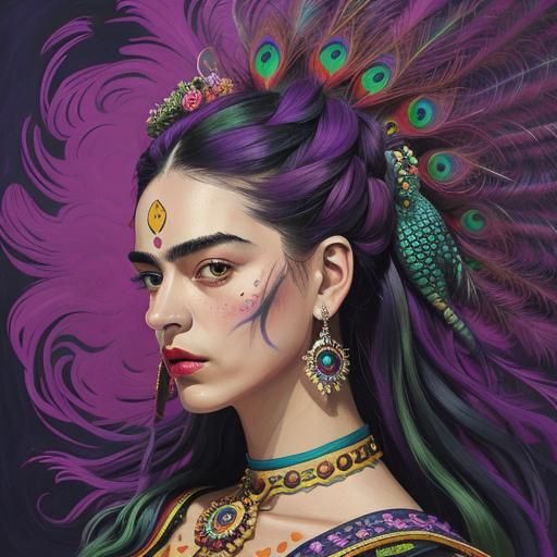 Surreal Woman with Peacock Feathers in Impasto Style