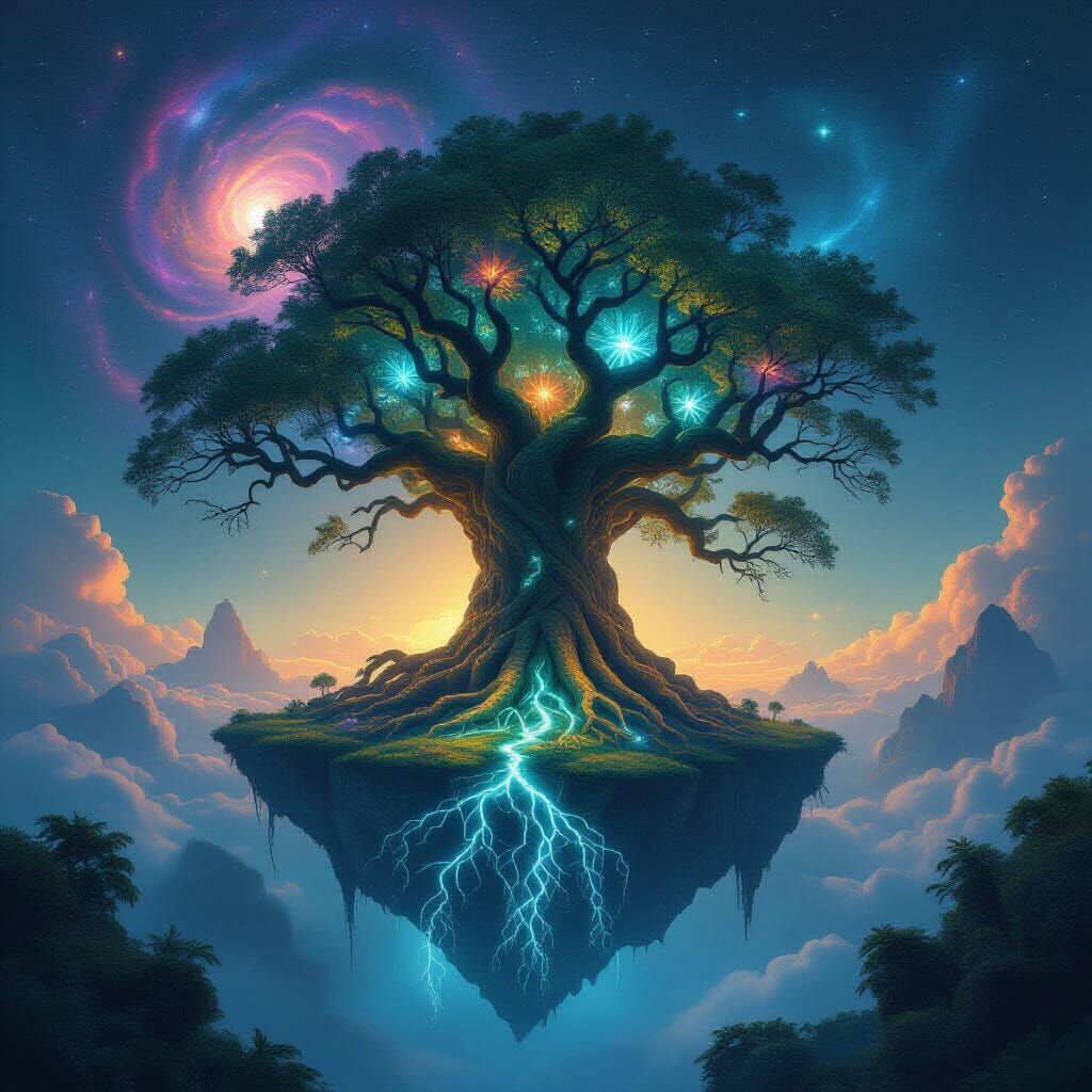Ancient Tree on Floating Island with Bioluminescent Roots
