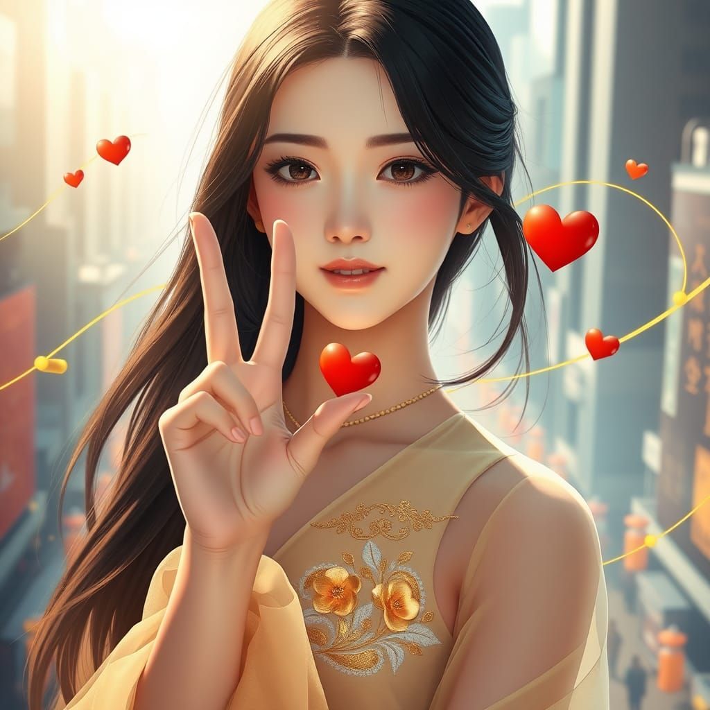 Beautiful Japanese Woman with Floating Heart in Romantic Cit...