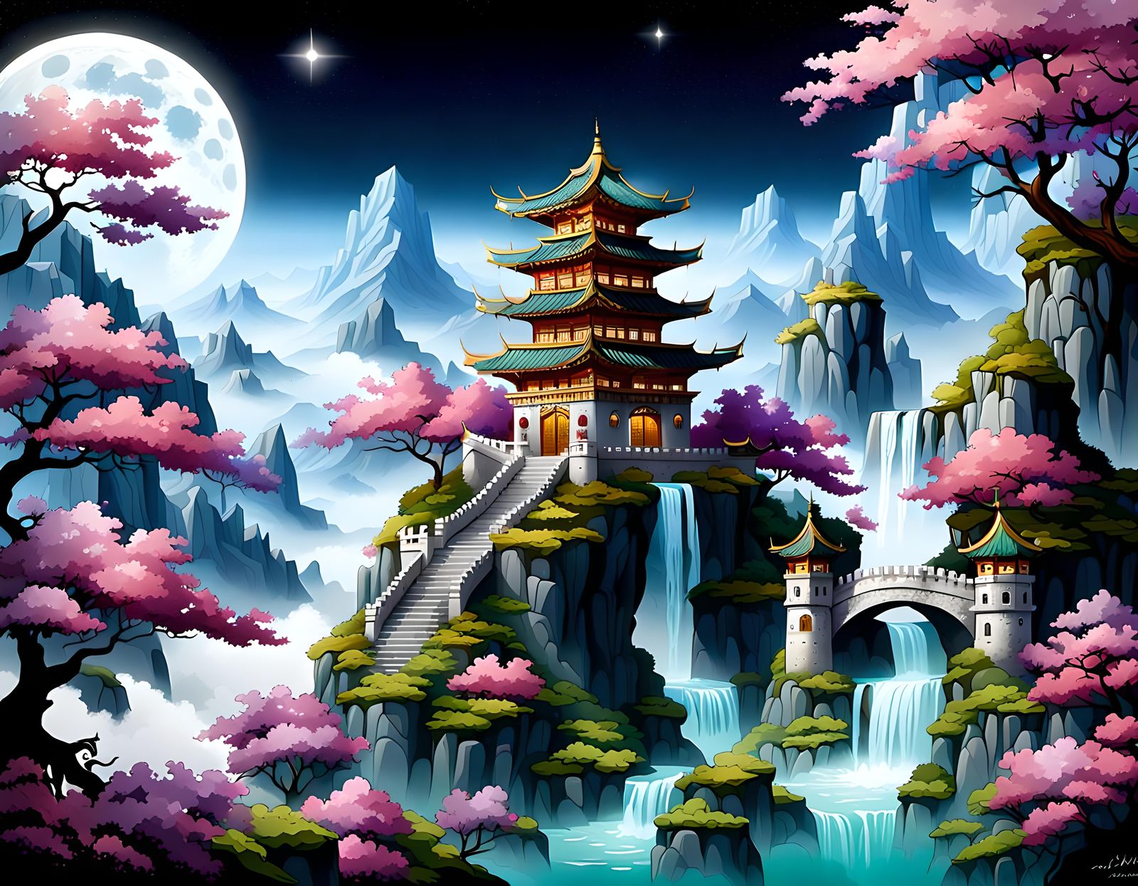 Floating Castle Mountain with Diamond Gate in Surreal Scene