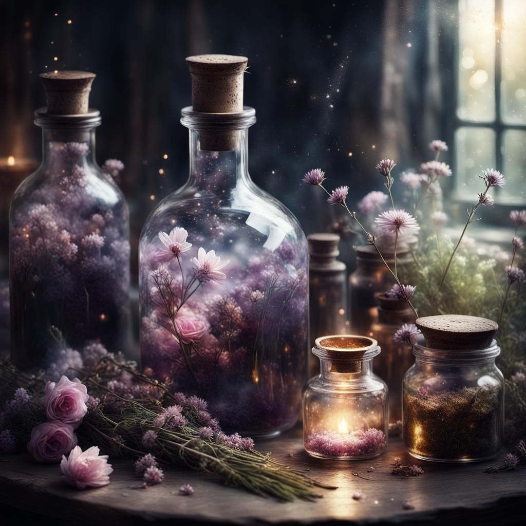 Medieval Healer's Potion Brewing in Ethereal Light
