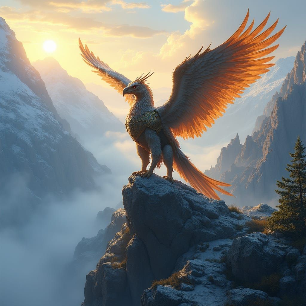 Armored Griffin Perched Atop Mountain Peak