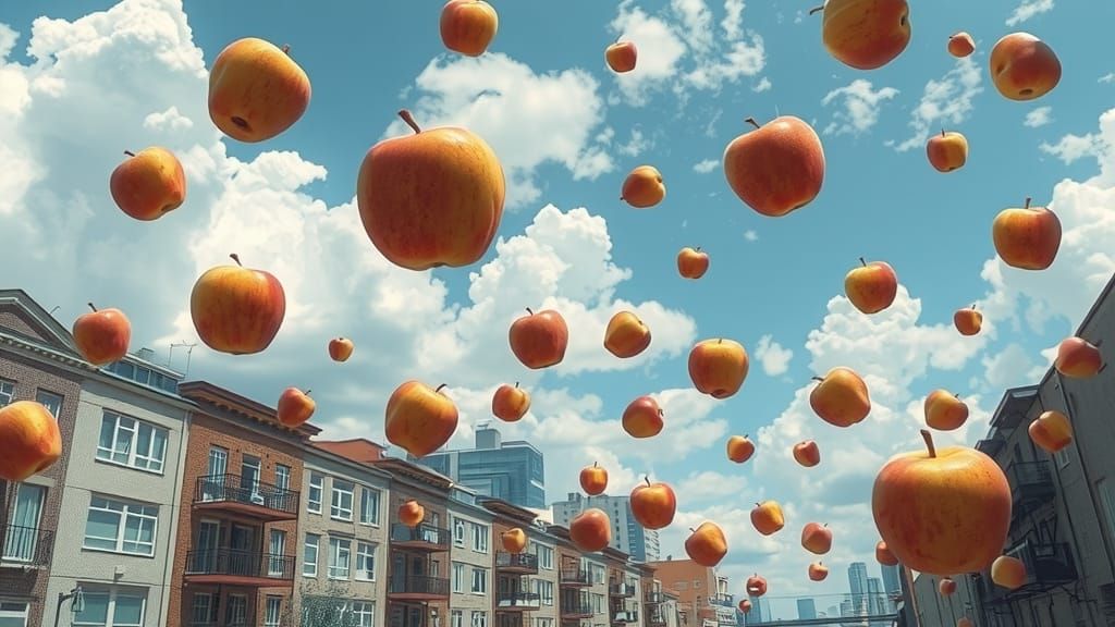 Dreamy Urban Landscape with Floating Apples