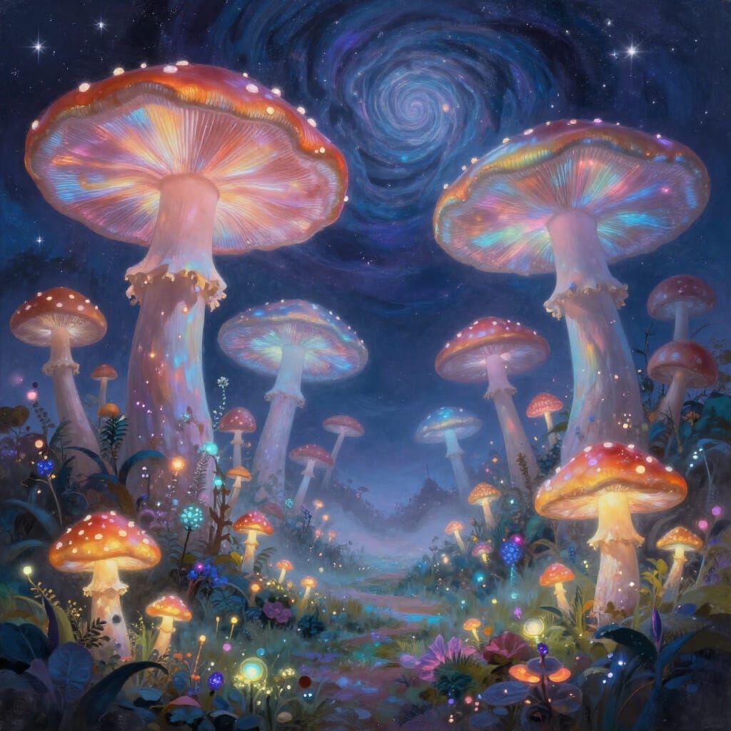 Bioluminescent Mushroom Landscape Under Starlit Sky