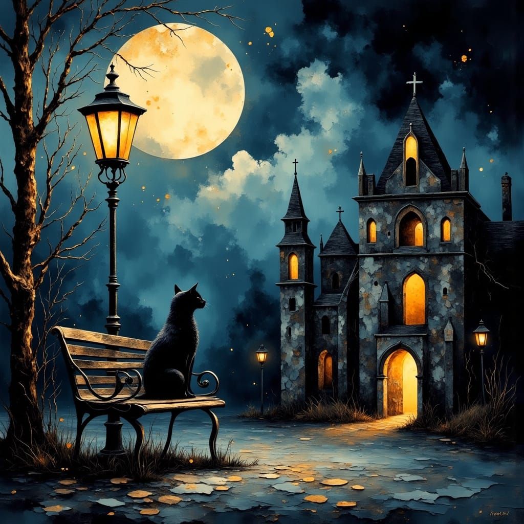 Gaslamp Raven and Cat in Neo-Impressionist Style