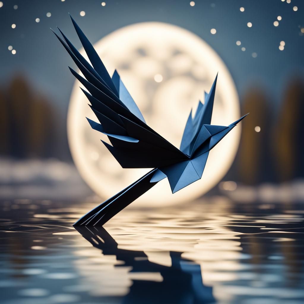 Origami Magpie Soaring Above Moonlit Lake