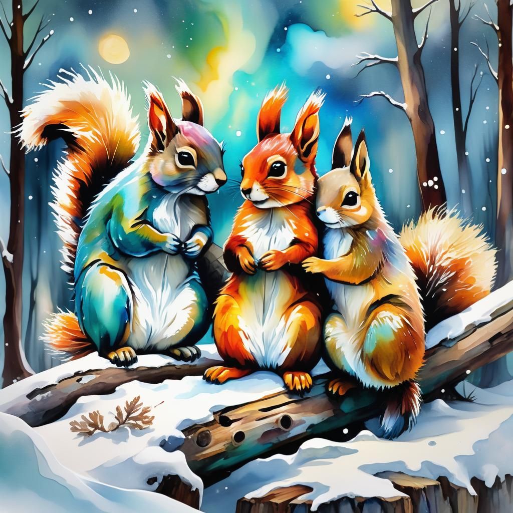 Whimsical Animals in Snowstorm, Alcohol Ink Illustration