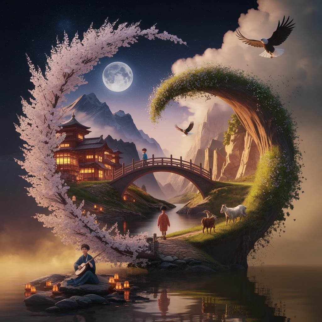 Contrasting Realms: Moonlit Village and Sunlit Canyon