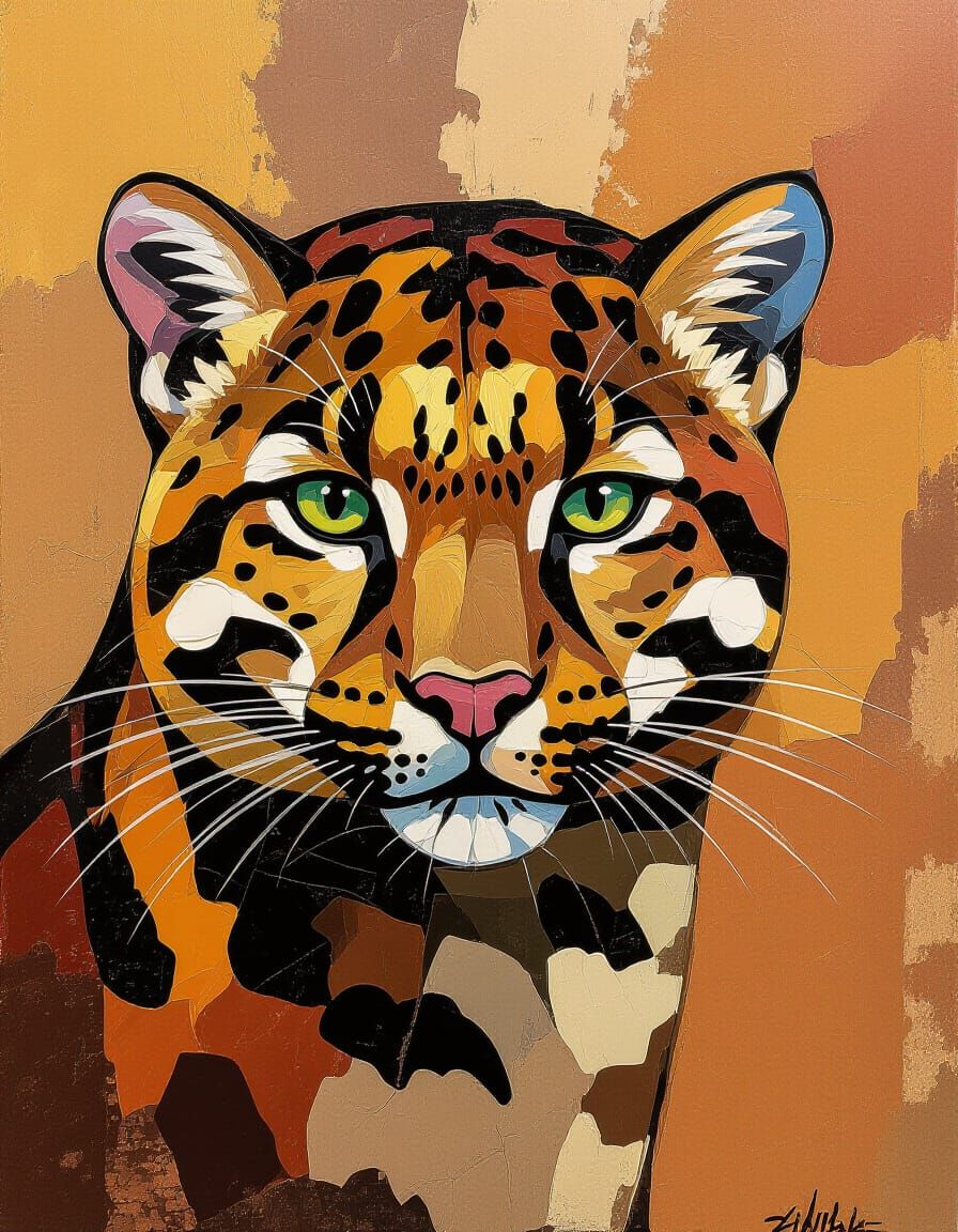 Abstract Impasto Painting of a Clouded Leopard with Textured...