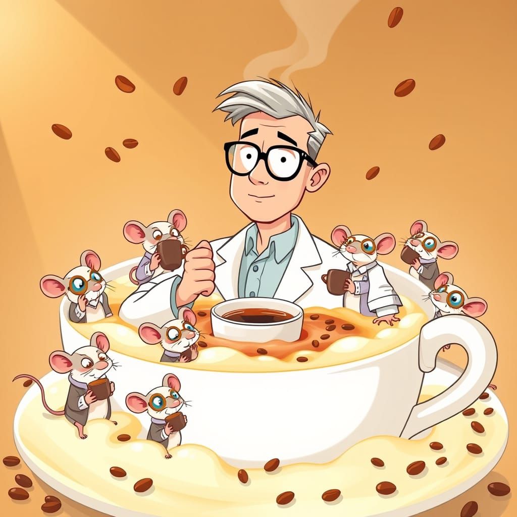 Man Sips Coffee in Whimsical Jacuzzi Scene