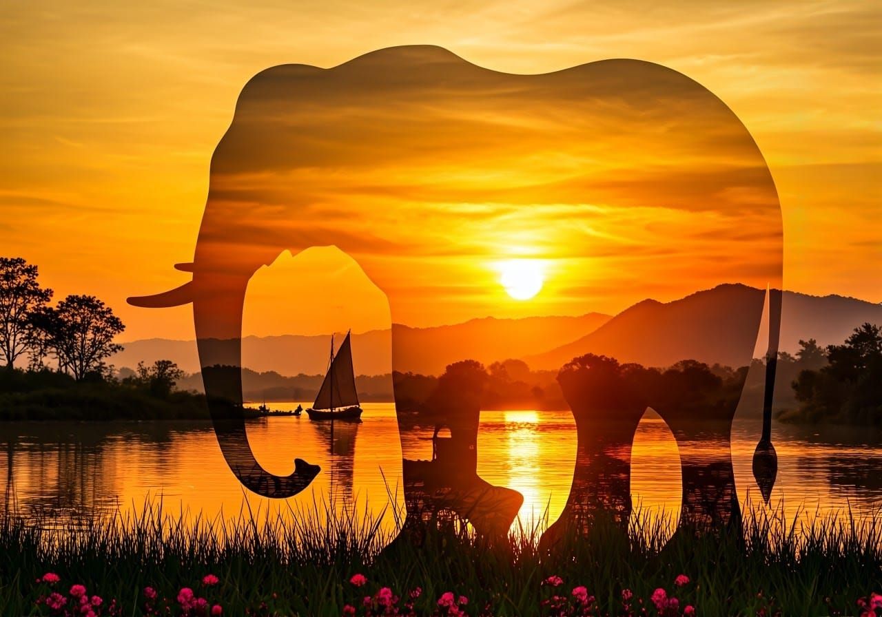 Sunset Elephant Silhouette in Double Exposure Art
