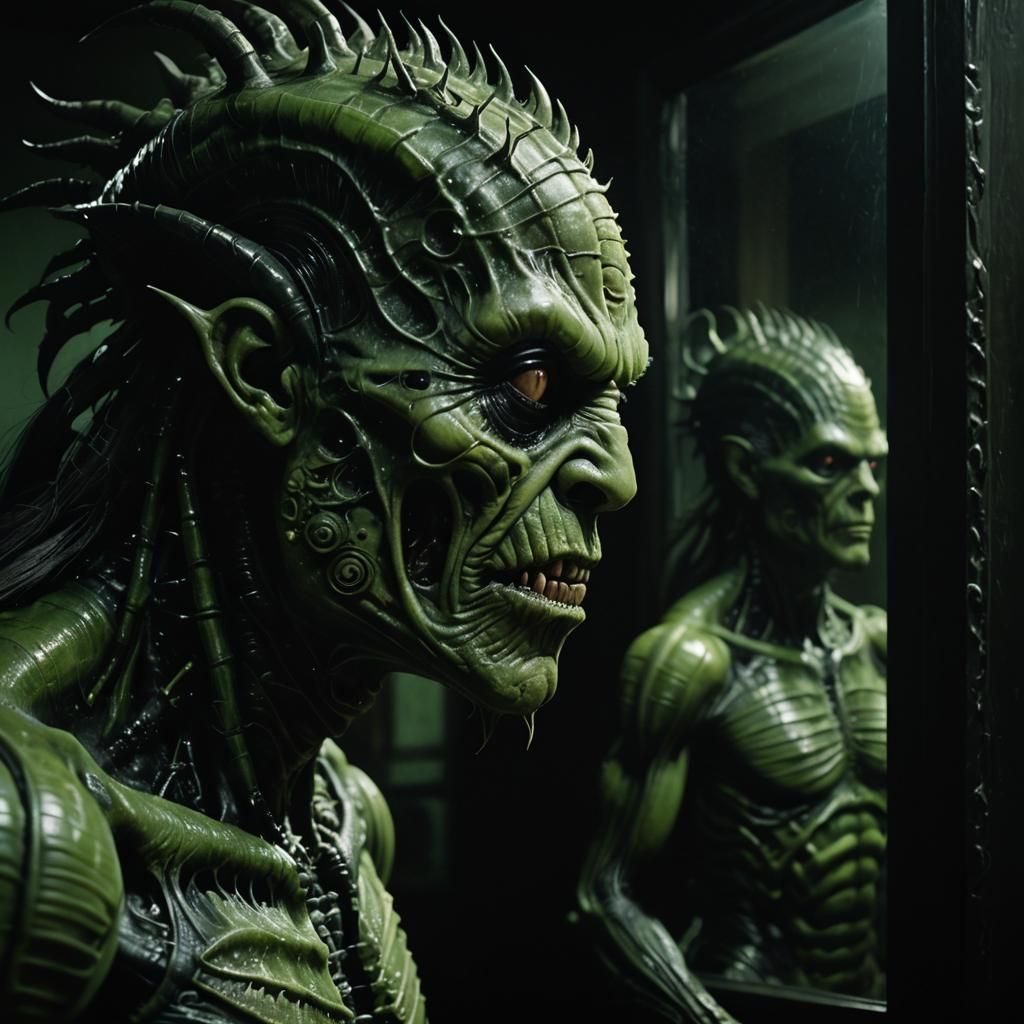 Grotesque Monster Gazing into Mirror: A Surreal Horror Film ...