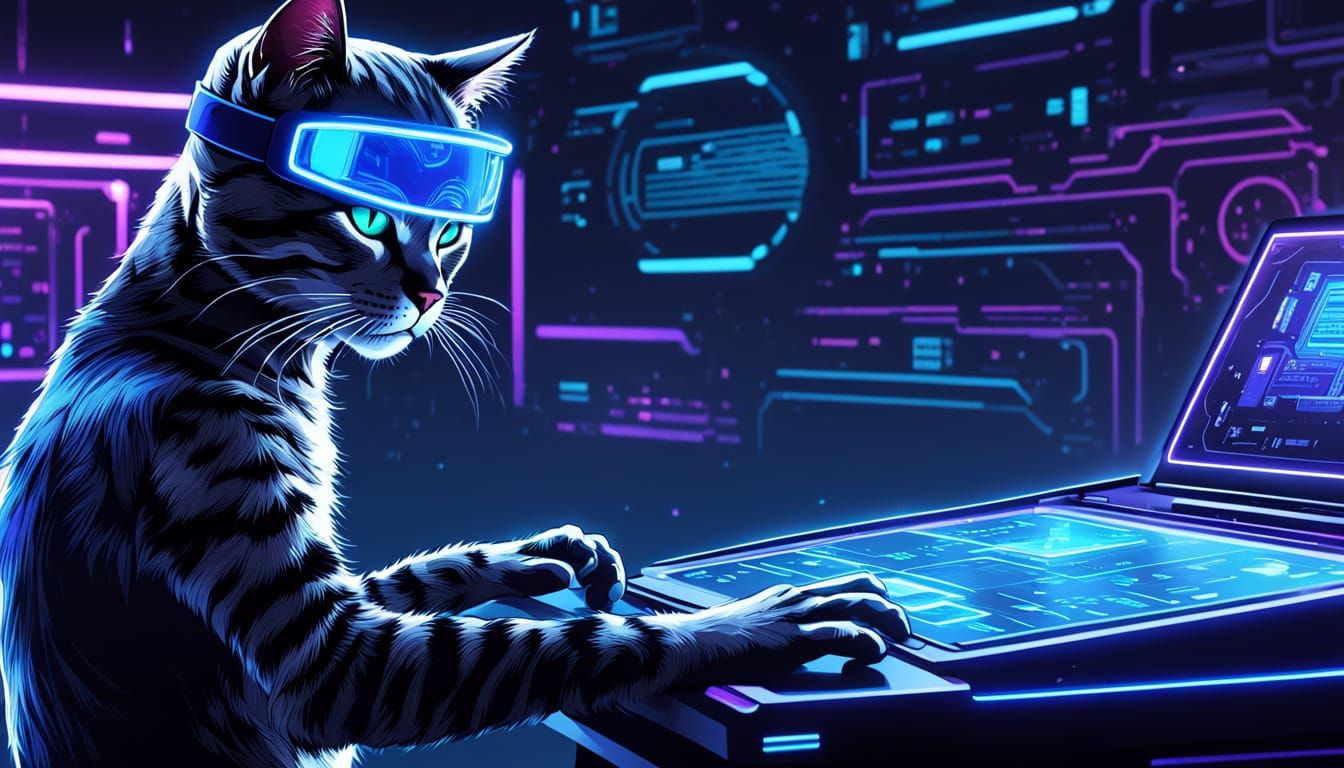 Cat Hacker in Futuristic Blue Cyberpunk Room