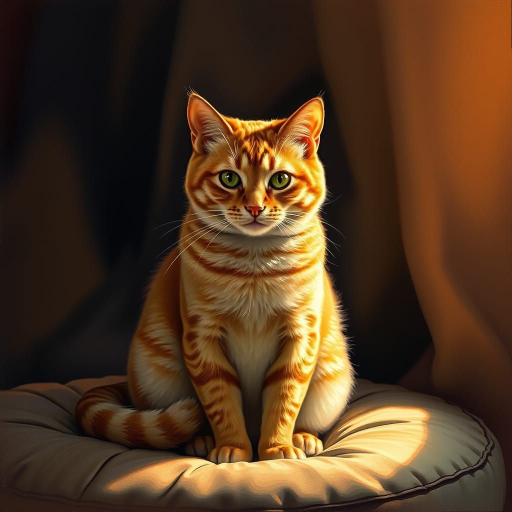 Ginger Cat on Velvet Cushion, Art Nouveau Style