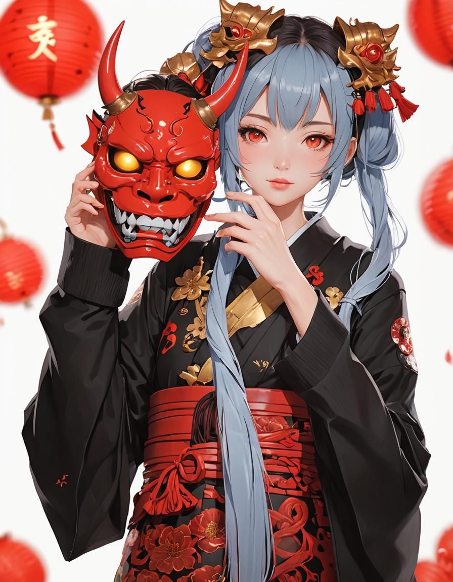Japanese Girl with Oni Mask in 3D Anime Style