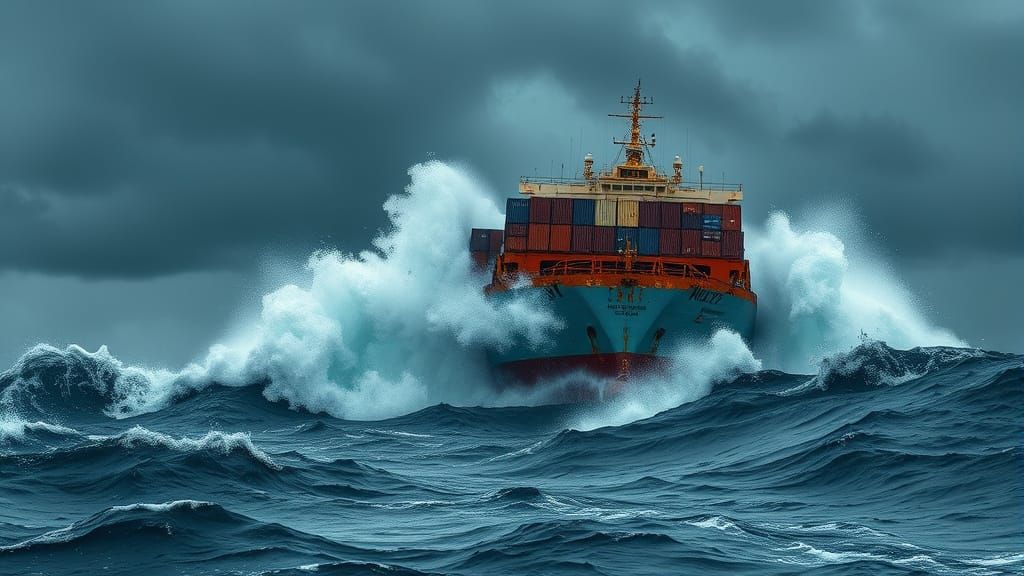 Container Ship in Stormy Seas: Photorealistic Maritime Art