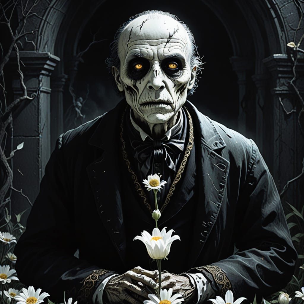 flower zombie, dark sketch, dark outlines, detailed drawing, oil painting within the lines, multiple colors, petals, spo...