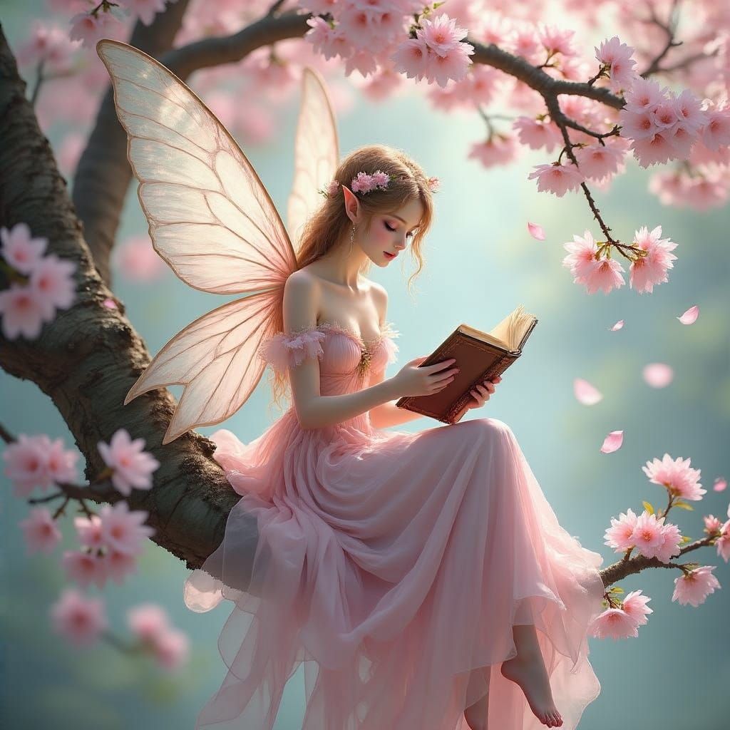 Fairy in Cherry Blossom Tree, Whimsical Dreamlike Scene