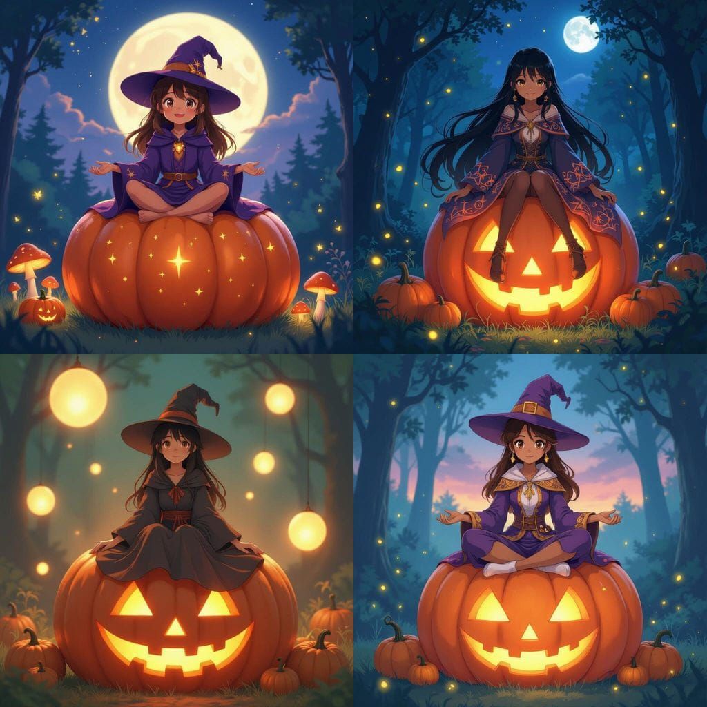 Anime Witch Girl on Giant Pumpkin