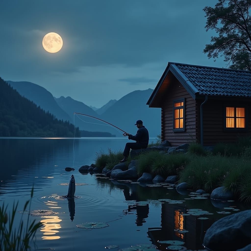 Angler in Serene Night, Reeling in a Salmon on Norwegian Lak...