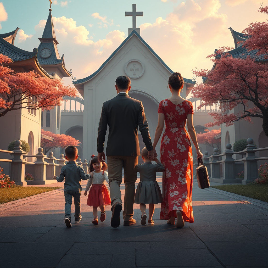Futuristic Family Walks to Dreamlike Church, Digital Art