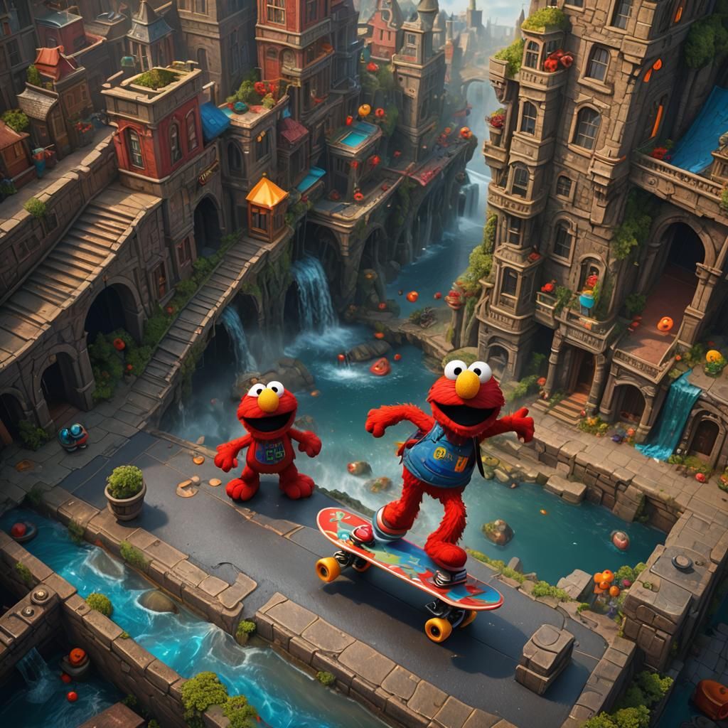 Elmo Skateboarding in Detailed Matte Painting