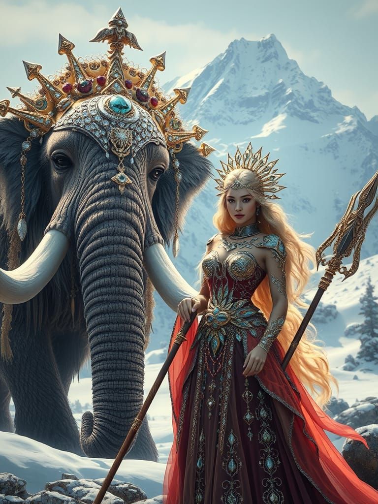 Woman and Mammoth in Snowy Fantasy Landscape