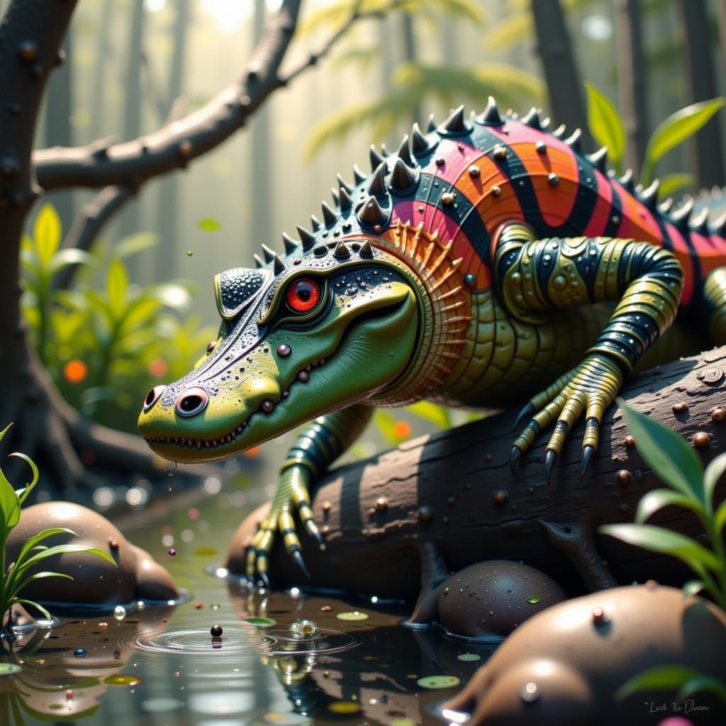 Tiger-Striped Alligator Emerges from Swamp