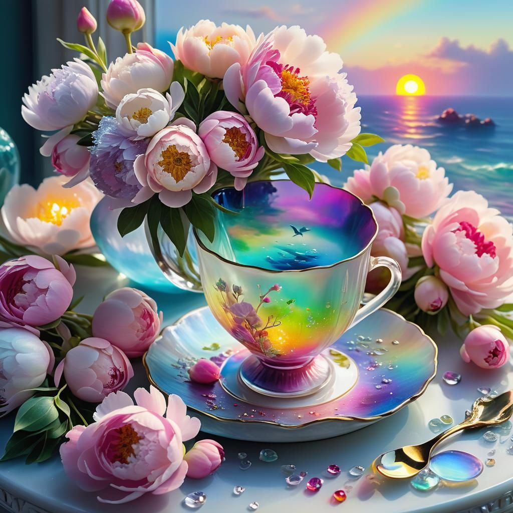 Ethereal Ghost with Peonies and Seascape, Digital Art