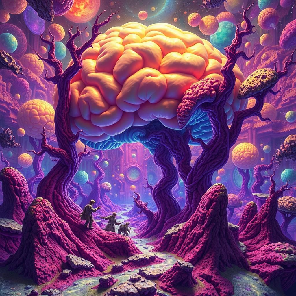 Chromatic Fractal Synthbrains in Dystopian Landscape