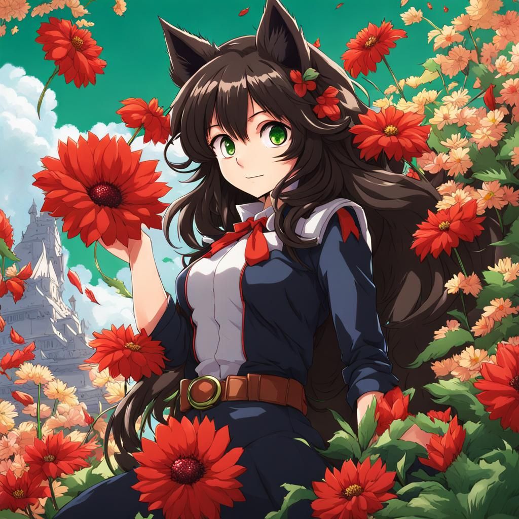 Anime Girl with Wolf Features Picking Flowers