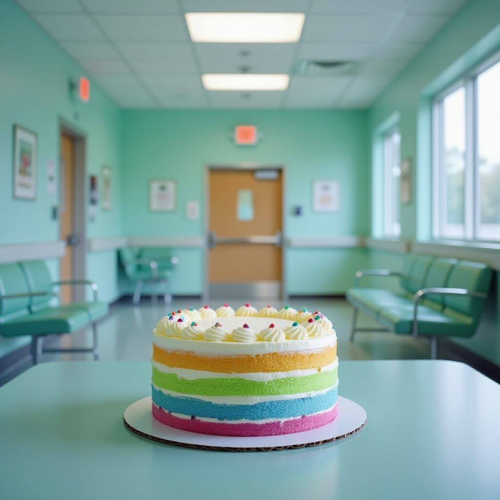 Rainbow Cake in Liminal Hospital Space