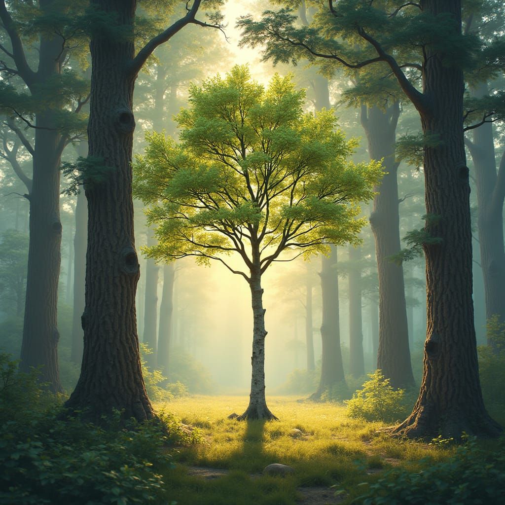 Young Tree Stands Tall in Forest at Sunset