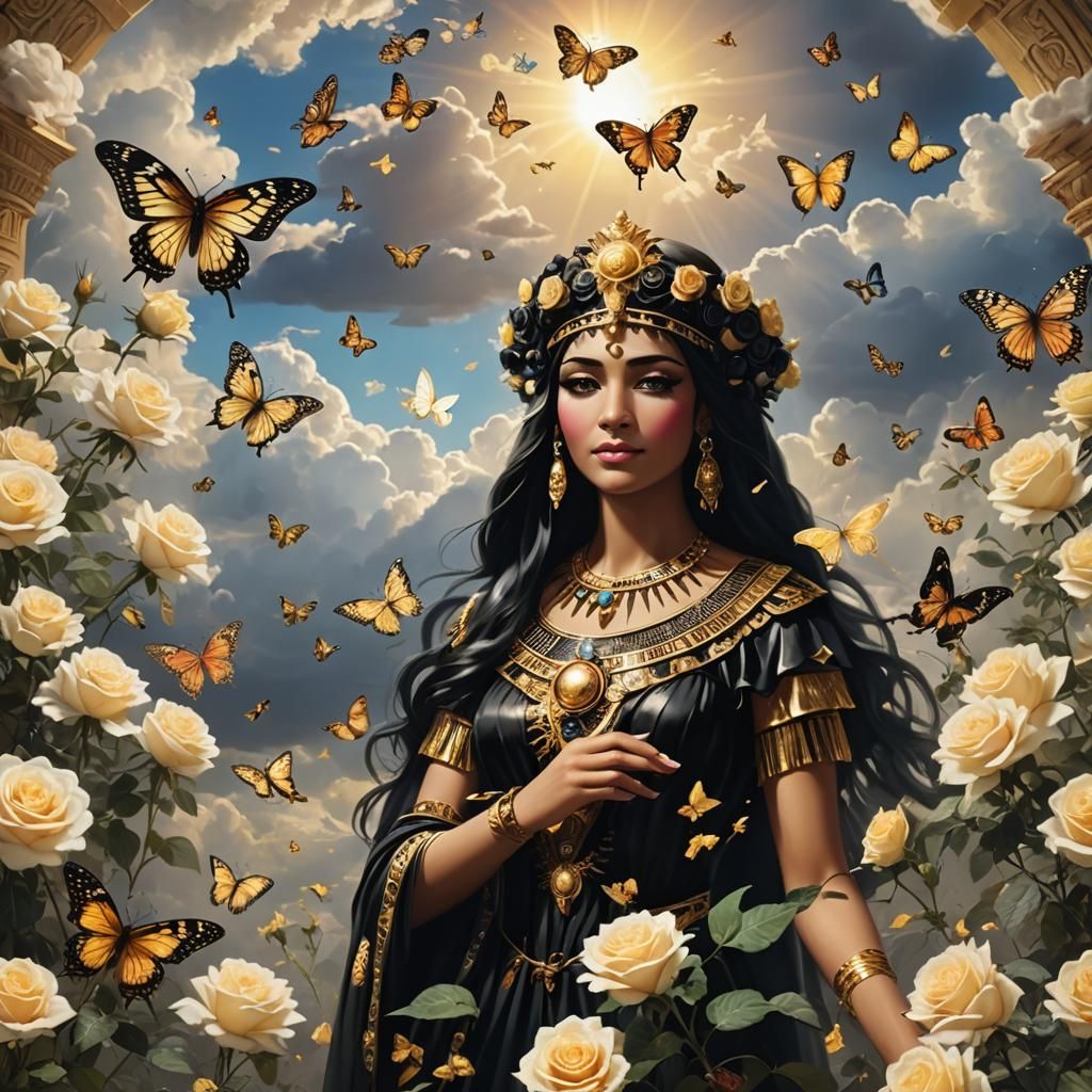 Cleopatra in Divine Light with Roses and Butterflies