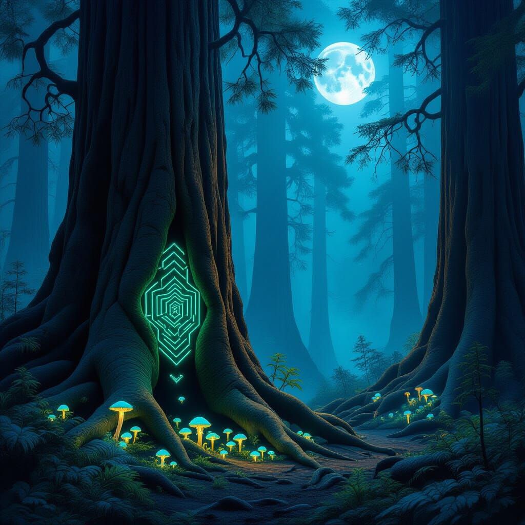 Moonlit Redwood Forest with Glowing Geometric Patterns