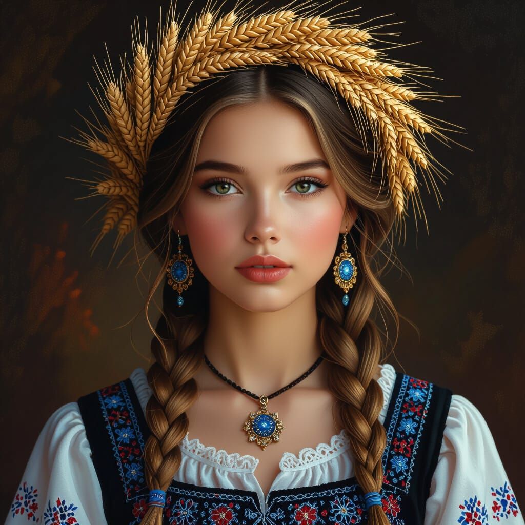 Ukrainian Girl in Black Vyshyvanka with Wheat Wreath