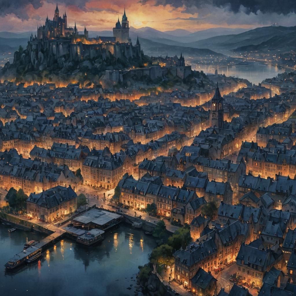 European Cityscape at Night in Watercolor Painting