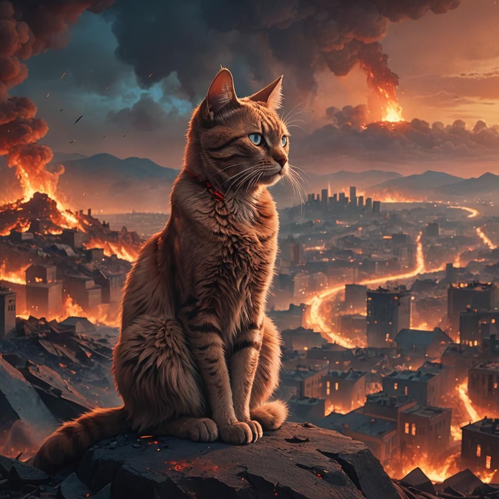 Cat Observes Burning City: Apocalyptic Digital Art