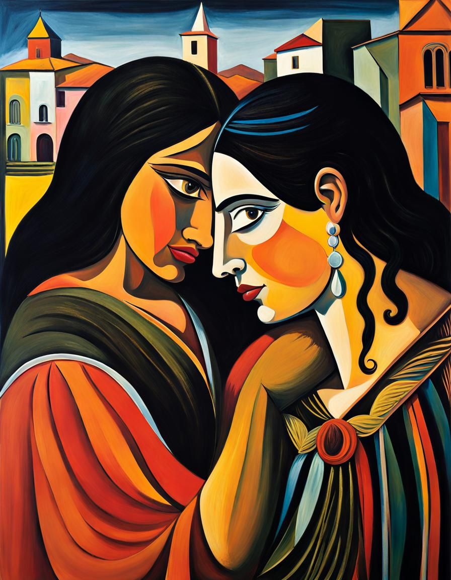Lesbian Couple Embrace in Oil Painting Style