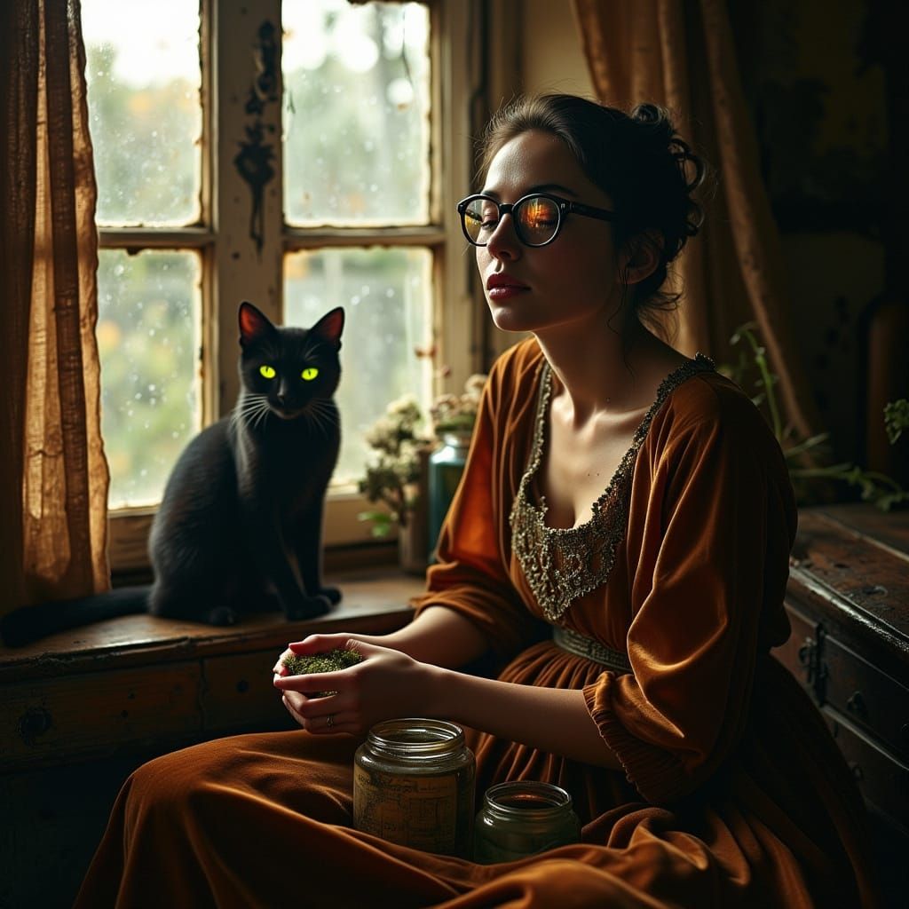 Eerie Witch-Apothecary in Rustic Setting with Black Cat