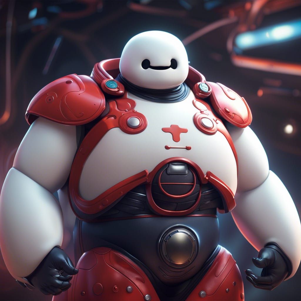 Joyful Baymax in Supersuit: Dark Fantasy Concept Art