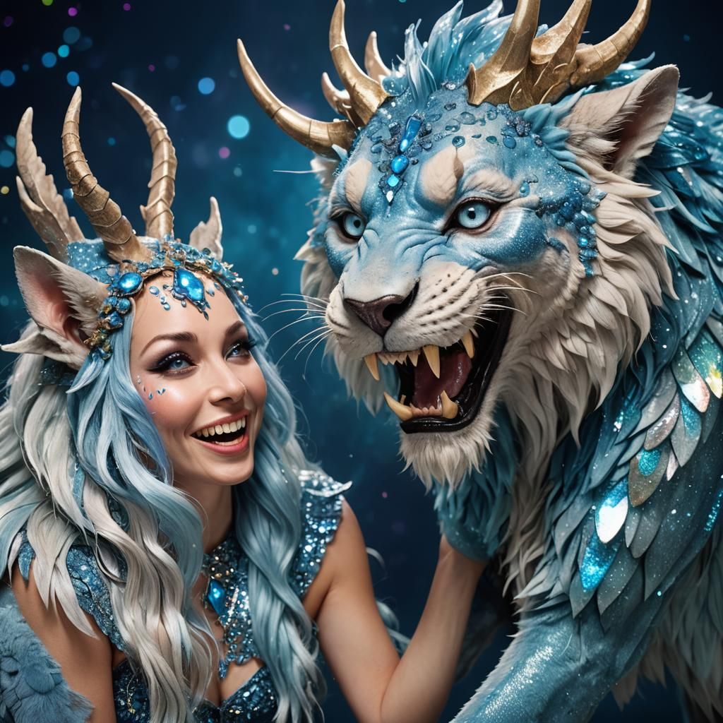 Blue Fairy Stroking Mythical Furry Creature