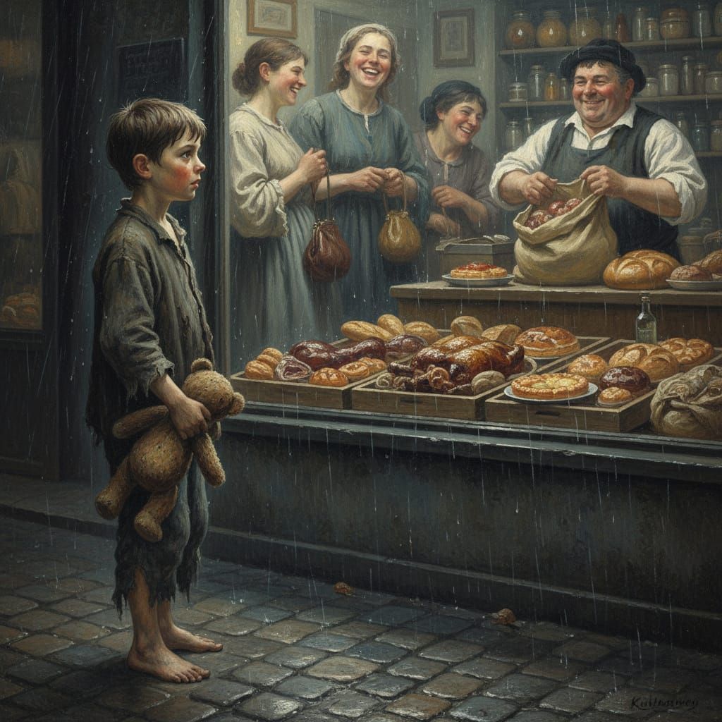 Boy Gazes Longingly at Shop Window in Realistic Style