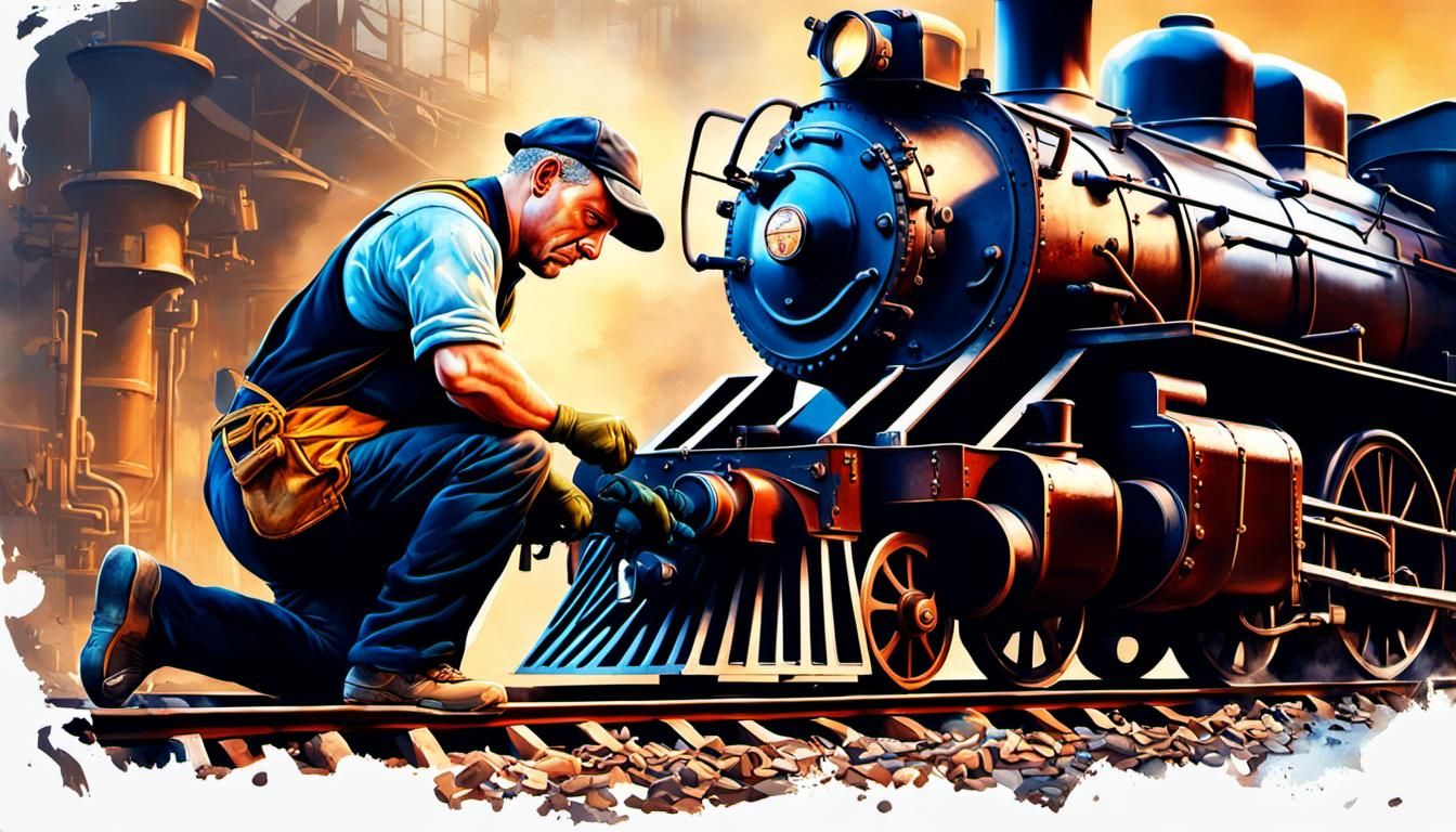 Hyperrealistic Mechanic Repairs Steam Locomotive