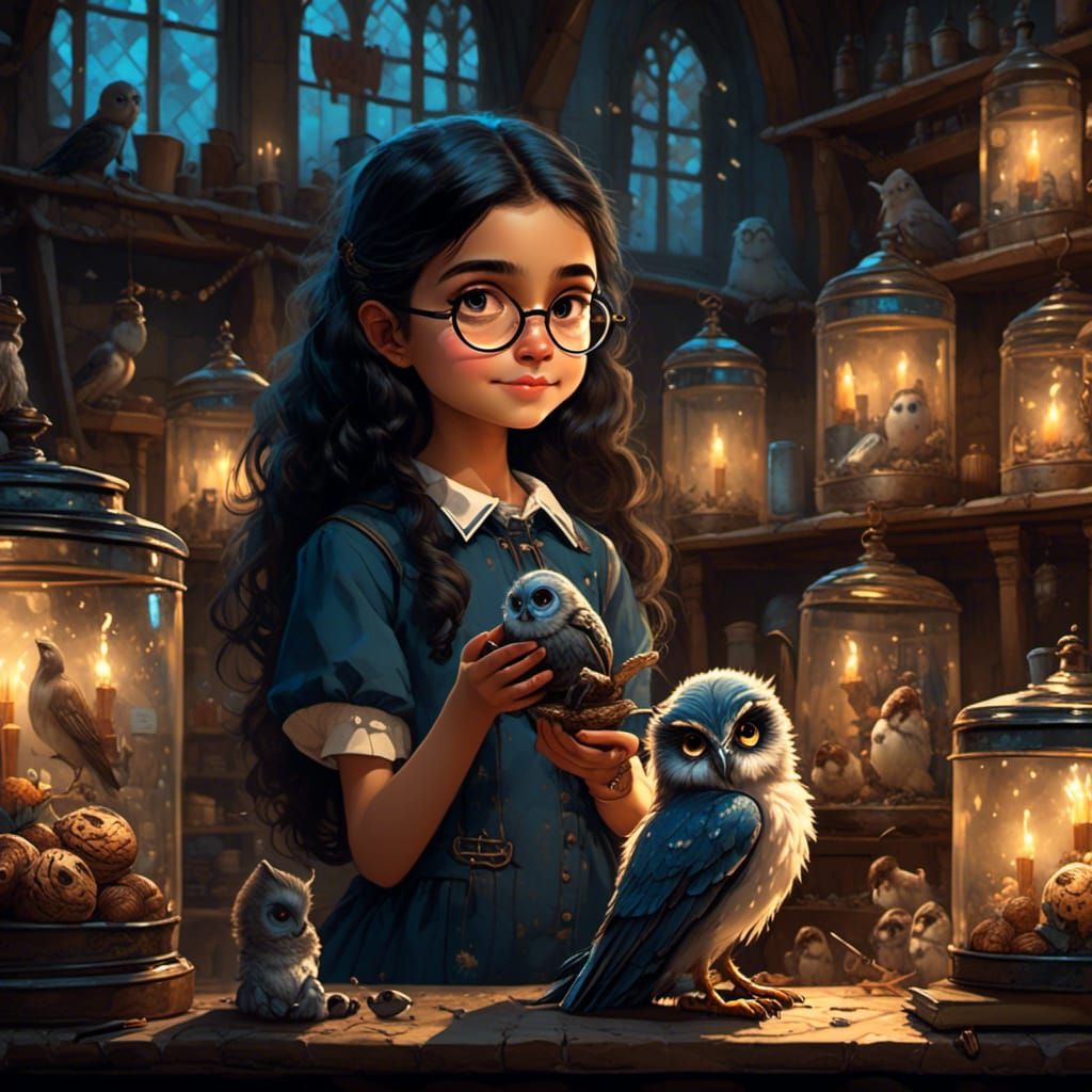 Ravenclaw Girl Petting Owl in Dimly Lit Pet Shop
