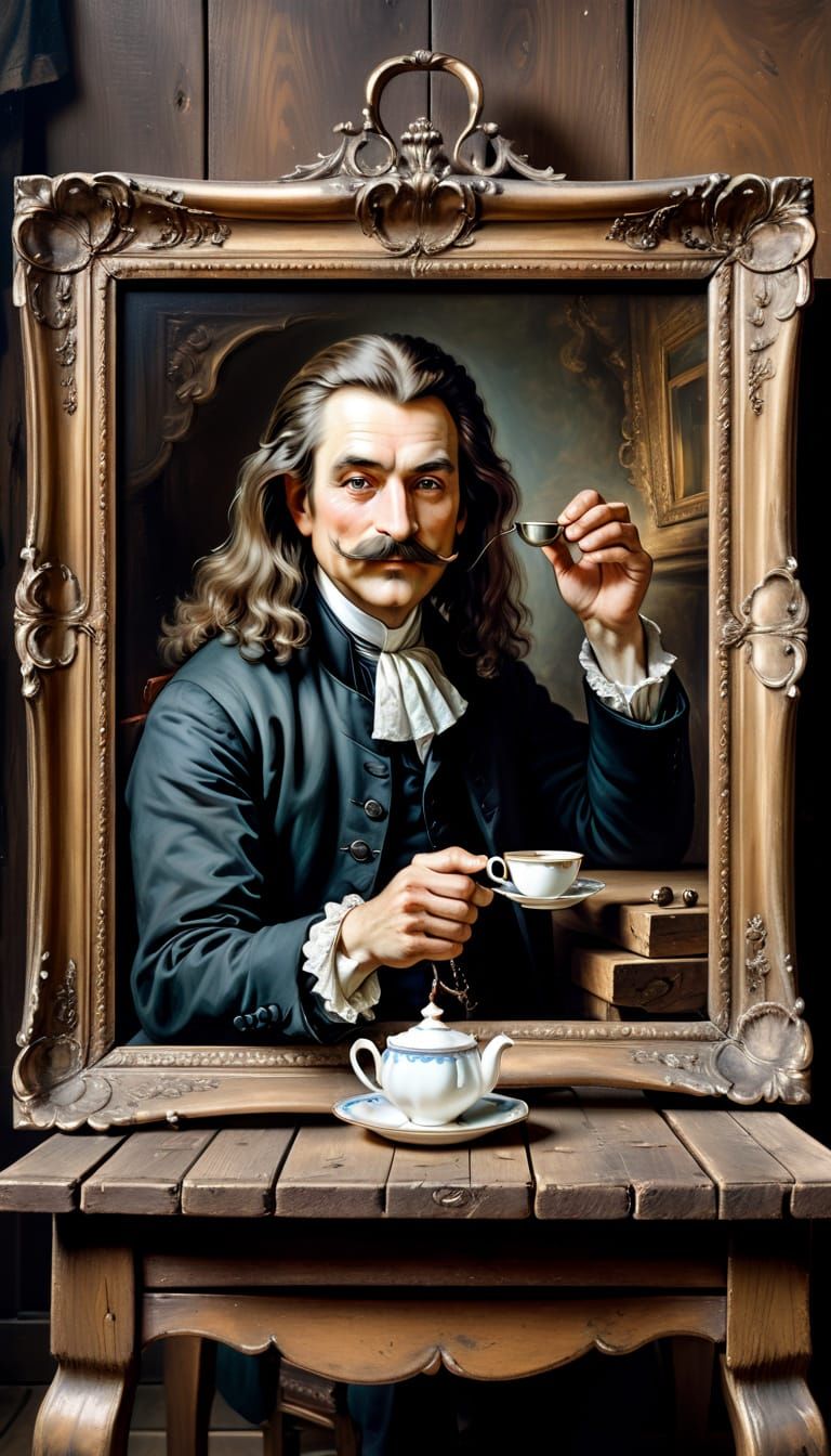 Distinguished Gentleman Pours Tea from Painting Frame