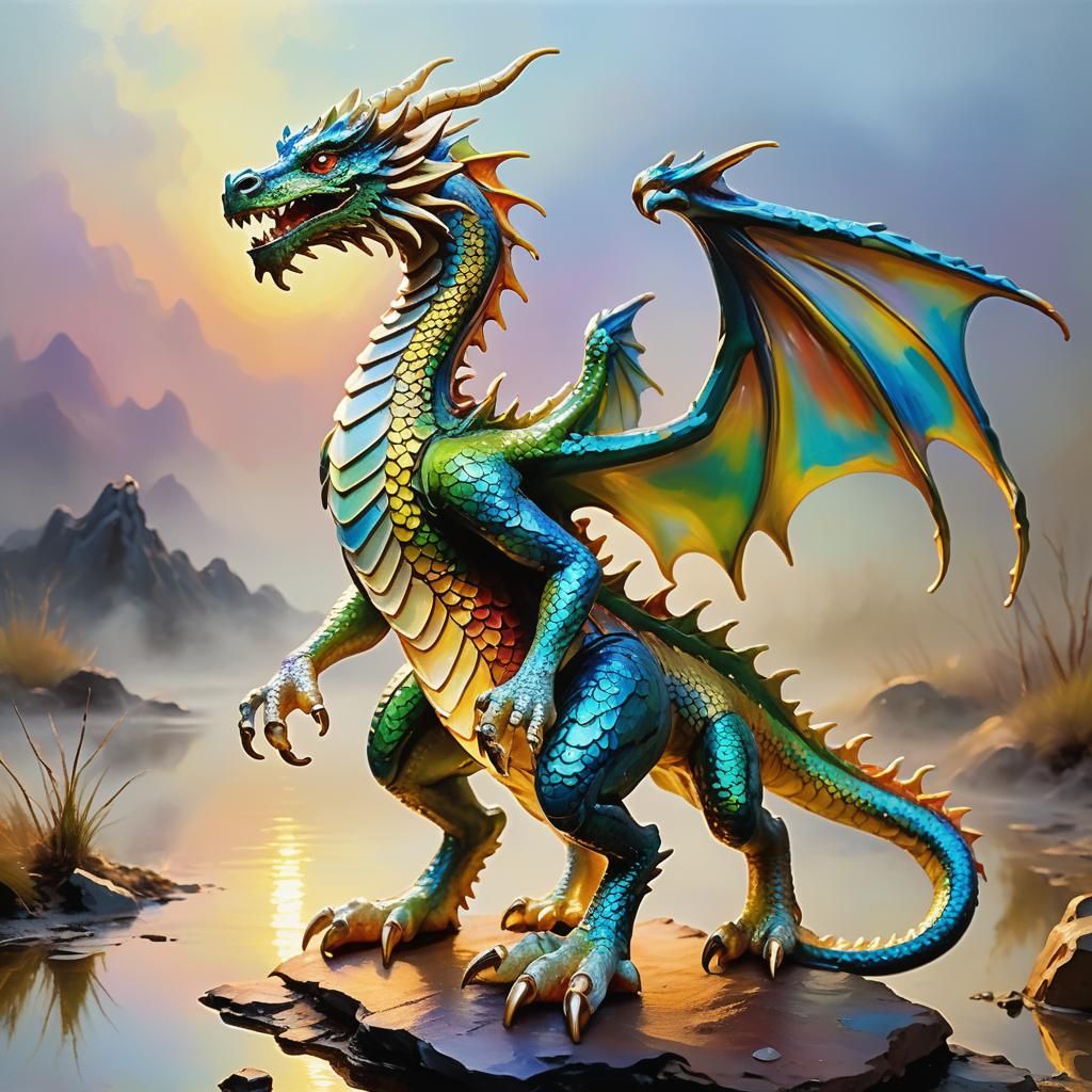 Enamelled Glass Dragon Figurine in Expressionist Oil Paintin...