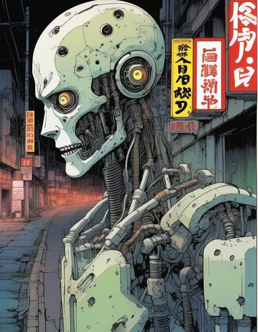 Weary Cyborg in Damp Alley, Manga Style